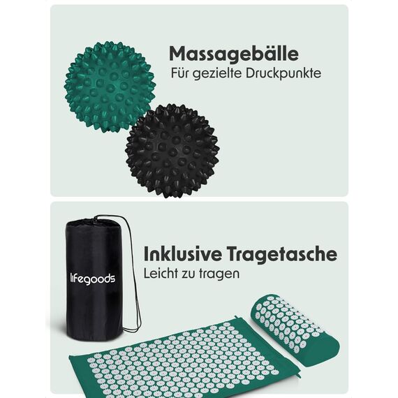 LifeGoods Akupressurmatte Mit Kissen - Akkupressmatte - Akkupressurmatte+ - Akupressur Matte - Akupunktur Matte - Massagematte - Rücken - Stachelmatte - Fakirmatte - Nagelmatte - Acupressure Mat