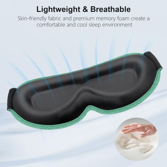 Gritin 3D Schlafmaske für Seitenschläfer, Upgrade Atmungsaktive Schlafbrille mit Verstellbar Gummiband, Lichtblockierend, Bequem & Ergonomisch Augenmaske, 2 Paar Ohrstöpseln, Cyan