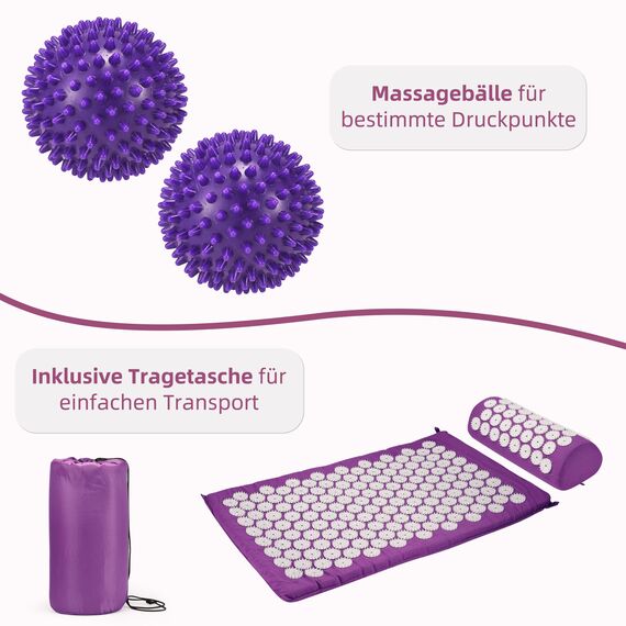 Akupressurmatte Akupunktur matte mit Kissen gegen Nacken und Rückenschmerzen, Akkupressmatte für die Magnetfeldtherapie, Inklusive Tragetasche und zwei Massagekugeln für Frauen und Männer - Lila