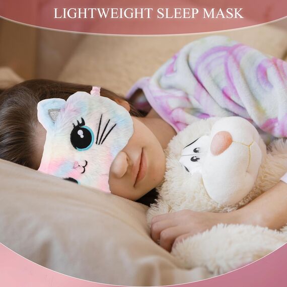 Schlafmaske Kinder, 3D Plüsch Augenmaske Weiche Schlafbrille für Kinder Frauen Flauschige Augenbinde für Nickerchen Reisen Pyjamaparty,weihnachtsgeschenke (Regenbogenfarben,Katze)