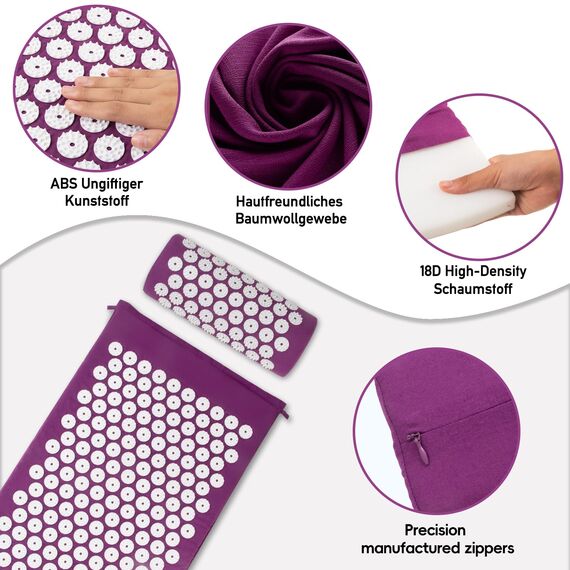 Akupressurmatte, Akupunktur matte, Akkupressmatte mit Kissen, Akkupressurmatte, Massagematte, Akupressure Set Purple, Akupressurmatte Rücken, Shiatsu matte, Fakirmatte,Lila