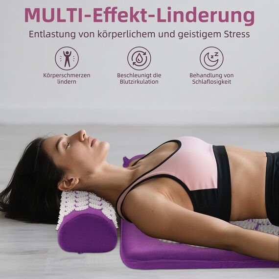 Akupressurmatte Akupunktur matte mit Kissen gegen Nacken und Rückenschmerzen, Akkupressmatte für die Magnetfeldtherapie, Inklusive Tragetasche und zwei Massagekugeln für Frauen und Männer - Lila