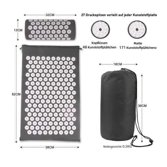 Akupressurmatte, Akupunktur matte, Akkupressmatte mit Kissen, Akkupressurmatte, Massagematte, Acupressure mat, Nadelkissen, Matte mit Stacheln, Akupressurmatte Rücken, Akupressure Set Gray