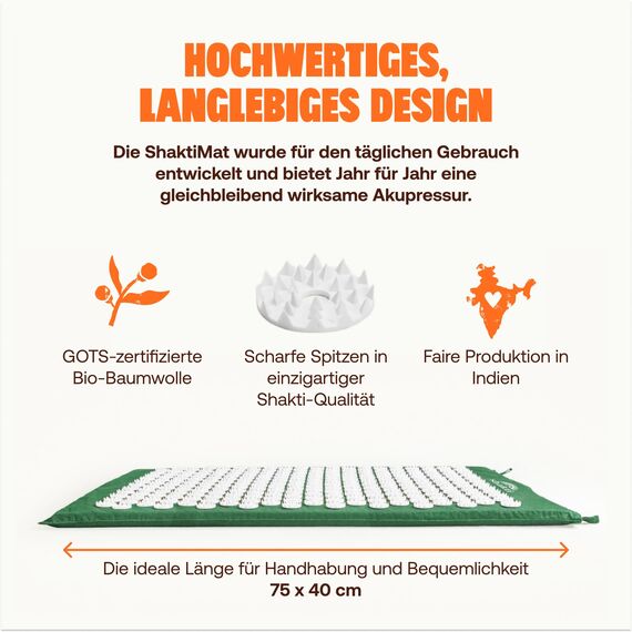 ShaktiMat [Das Original seit 2007] Akupressurmatte zur Entspannung für Rücken, Nacken, Füße, Ethische Handarbeit, GOTS-zertifizierte Bio-Baumwolle, Grün