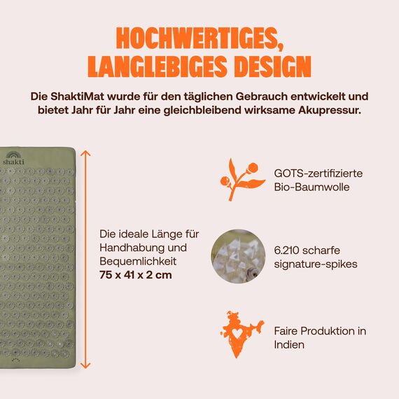 ShaktiMat [Das Original seit 2007] Akupressurmatte zur Entspannung für Rücken, Nacken, Füße, Ethische Handarbeit, GOTS-zertifizierte Bio-Baumwolle Lösen innerer Verspannungen, Salbeigrün