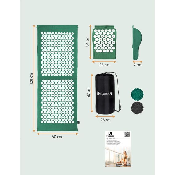 LifeGoods Akupressurmatte XL Mit Kissen - Akkupressmatte - Akkupressurmatte+ - Akupressur Matte - Akupunktur Matte - Massagematte - Rücken - Stachelmatte - Fakirmatte - Nagelmatte - Acupressure Mat