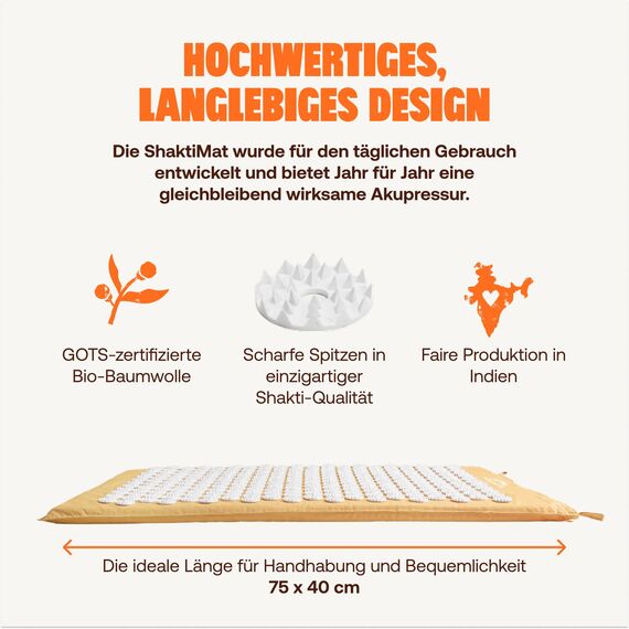 ShaktiMat [Das Original seit 2007] Akupressurmatte zur Entspannung für Rücken, Nacken, Füße, Ethische Handarbeit, GOTS-zertifizierte Bio-Baumwolle, Gelb