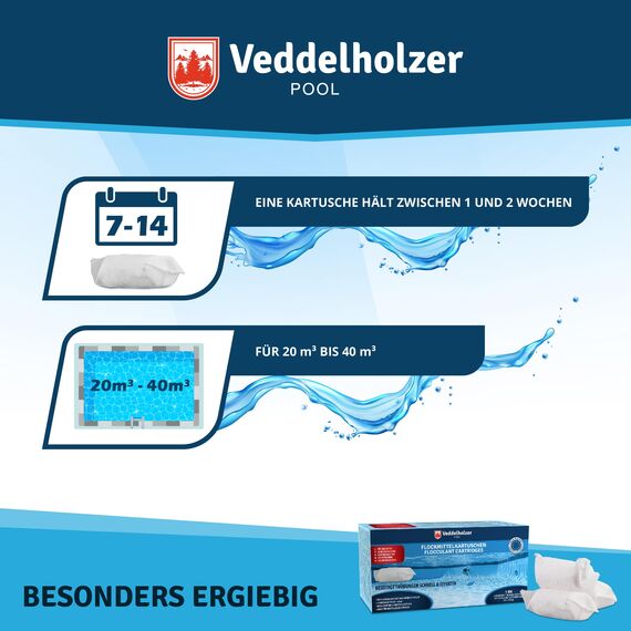 Veddelholzer 1 kg Flockmittel Pool Kartuschen 8 x 125g für Filteranlagen Sand & Glas. Pool Flockungsmittel als Poolreiniger, Poolklar, Poolpflege, Pool Zubehör für klares Wasser.