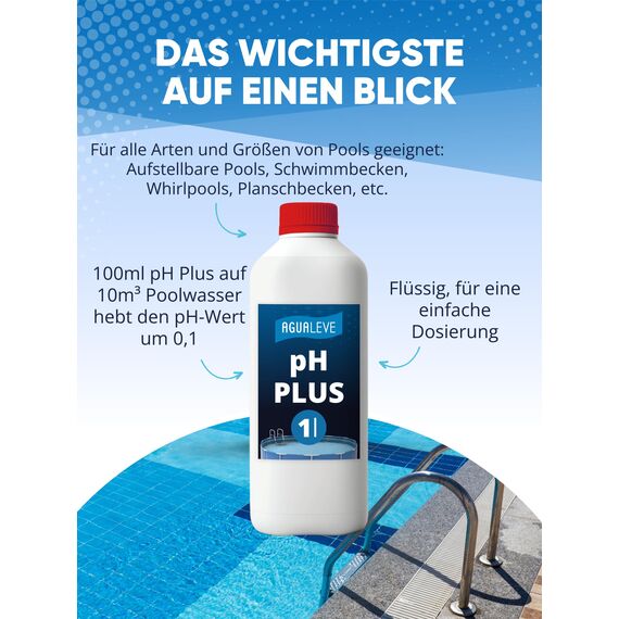 AGUALEVE® pH Plus 1 Ltr. | hebt den pH-Wert punktgenau | für Pools, Aufstellpools, Whirlpools jeder Art und Größe | Markenqualität Made in Germany | mit Note 1,2 getestet