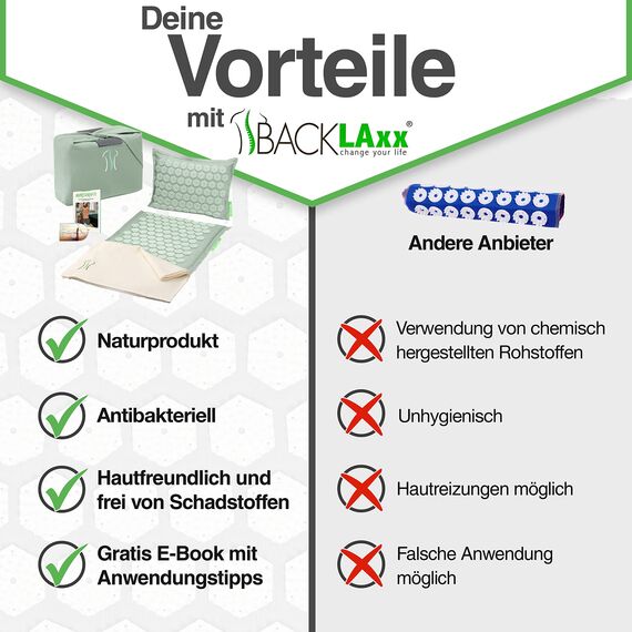 BACKLAXX ® Akupressurmatte mit Kissen, Tuch und Tasche, Akupunktur Matte mit Stacheln zur Massage und Entspannung von Nacken und Schulter, Massagematte Rücken (gletschermint) zur Akupressur