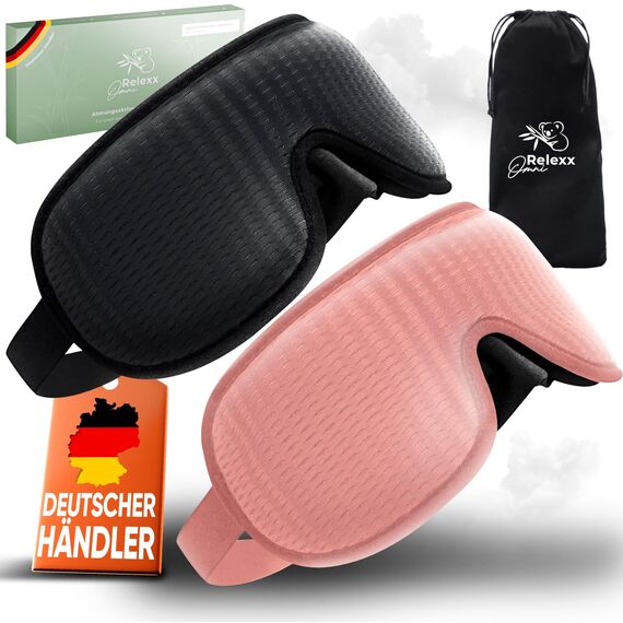 OMNIRELEXX Schlafmasken im 2er SET für Frauen und Männer – Atmungsaktive 3D Schlafbrille – Bequeme und weiche Augenmaske - Lichtblockierend - Reisebeutel - Vertiefung für die Augen (Schwarz/Rosa)