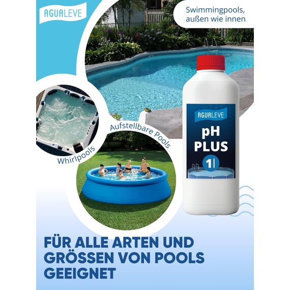 AGUALEVE® pH Plus 1 Ltr. | hebt den pH-Wert punktgenau | für Pools, Aufstellpools, Whirlpools jeder Art und Größe | Markenqualität Made in Germany | mit Note 1,2 getestet