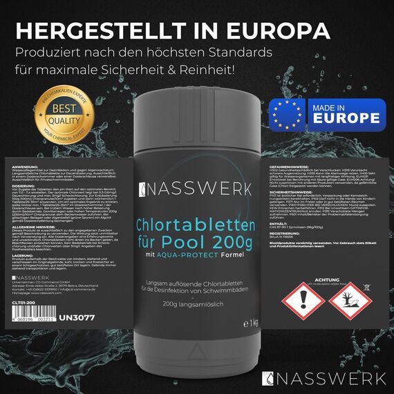NASSWERK Langzeit Chlortabletten für Pool 200g (1kg bis 10kg) | Chlortabs 200g langsamlöslich zur Langzeitpflege | Große Pool Reinigungstabletten Langzeittabletten zur Desinfektion & Pflege | Pooltabs