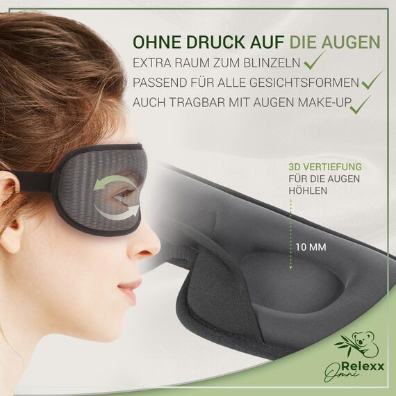 OMNIRELEXX Schlafmaske für Frauen und Herren – Atmungsaktive Schlafbrille – Bequeme und weiche Augenmaske - Lichtblockierend - Reisebeutel - 3D Vertiefung für die Augen - Memory Schaum (Schwarz)