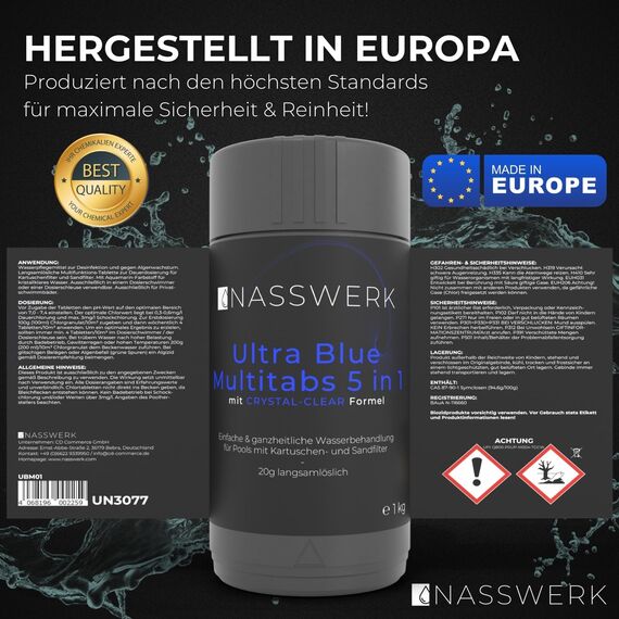 NASSWERK 5 in 1 Chlortabletten für Pool 20g (1kg bis 10kg) | Langzeit Ultra Blue Multitabs 5 in 1 für Pool & Whirlpool | Mini Chlortabs mit Chlor, Algizid, pH Regulierer, Reiniger & Aquamarin
