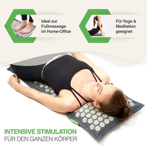BACKLAXX ® Akupressurmatte mit Kissen, Tuch und Tasche, Akupunktur Matte mit Stacheln zur Massage und Entspannung von Nacken und Schulter, Massagematte Rücken (grau) zur Akupressur