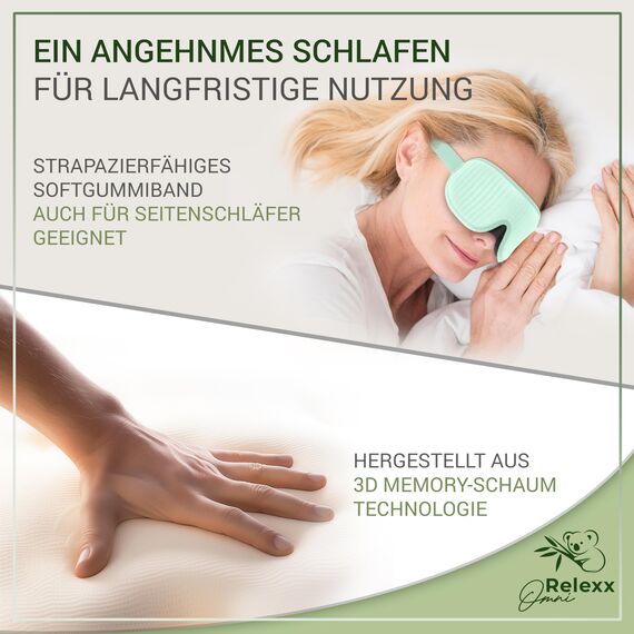 OMNIRELEXX Schlafmaske für Frauen und Herren – Atmungsaktive Schlafbrille – Bequeme und weiche Augenmaske - Lichtblockierend - Reisebeutel - 3D Vertiefung für die Augen - Memory Schaum (Türkis).