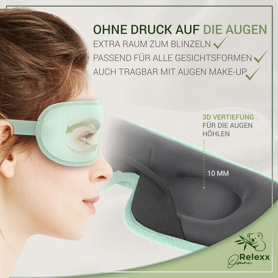 OMNIRELEXX Schlafmaske für Frauen und Herren – Atmungsaktive Schlafbrille – Bequeme und weiche Augenmaske - Lichtblockierend - Reisebeutel - 3D Vertiefung für die Augen - Memory Schaum (Türkis).