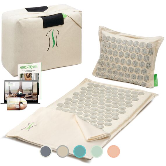 BACKLAXX ® Akupressurmatte Set – Akupressurmatte für Rücken, Nacken & Füße mit Kissen & Tasche – Akupressmatte, Stachelmatte & Fakirmatte zur Schmerzlinderung & Entspannung (naturfarben)