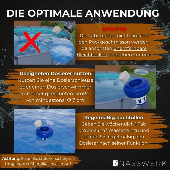 NASSWERK Langzeit Chlortabletten für Pool 200g (1kg bis 10kg) | Chlortabs 200g langsamlöslich zur Langzeitpflege | Große Pool Reinigungstabletten Langzeittabletten zur Desinfektion & Pflege | Pooltabs
