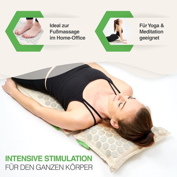 BACKLAXX ® Akupressurmatte Set – Akupressurmatte für Rücken, Nacken & Füße mit Kissen & Tasche – Akupressmatte, Stachelmatte & Fakirmatte zur Schmerzlinderung & Entspannung (naturfarben)