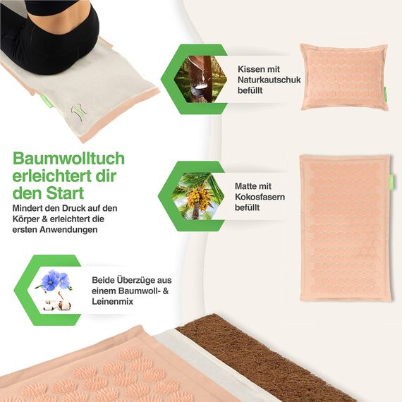 BACKLAXX ® Akupressurmatte mit Kissen, Tuch und Tasche, Akupunktur Matte mit Stacheln zur Massage und Entspannung von Nacken und Schulter, Massagematte Rücken (pastelrosé) zur Akupressur