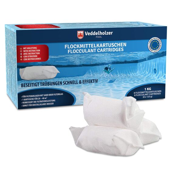 Veddelholzer 1 kg Flockmittel Pool Kartuschen 8 x 125g für Filteranlagen Sand & Glas. Pool Flockungsmittel als Poolreiniger, Poolklar, Poolpflege, Pool Zubehör für klares Wasser.