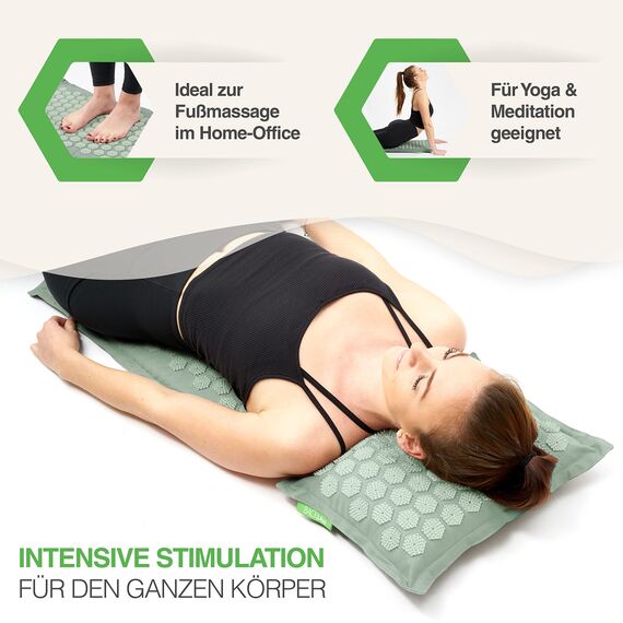 BACKLAXX ® Akupressurmatte mit Kissen, Tuch und Tasche, Akupunktur Matte mit Stacheln zur Massage und Entspannung von Nacken und Schulter, Massagematte Rücken (gletschermint) zur Akupressur