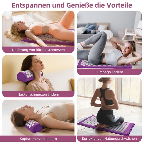 Akupressurmatte Akupunktur matte mit Kissen gegen Nacken und Rückenschmerzen, Akkupressmatte für die Magnetfeldtherapie, Inklusive Tragetasche und zwei Massagekugeln für Frauen und Männer - Lila