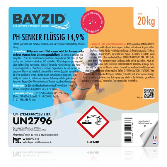 2 x 20 kg BAYZID pH Senker Minus 14,9% von Höfer Chemie für Pool & Schwimmbad zur Senkung des pH Werts
