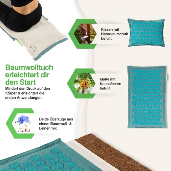 BACKLAXX ® Akupressurmatte mit Kissen, Tuch und Tasche, Akupunktur Matte mit Stacheln zur Massage und Entspannung von Nacken und Schulter, Massagematte Rücken (ozeantürkis) zur Akupressur