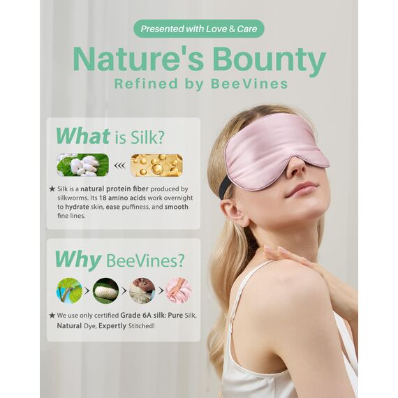 Seiden-Schlafmaske, 2er-Pack Augenmaske aus 100% echter natürlicher reiner Seide mit verstellbarem Riemen, Augenmaske zum Schlafen, BeeVines Augen-Schlafschutz für Yoga-Reisen, blockiert Licht