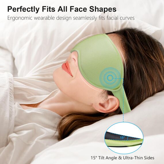 Gritin Schlafmaske für Seitenschläfer, 3D Augenhöhlen Schlafbrille mit Verstellbar Gummiband, Lichtblockierend und Atmungsaktiv, Bequem Augenmaske für Mann und Frau, 2 Paar Ohrstöpseln, Lichtgrün