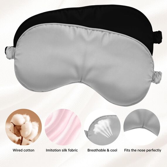 Molain 2 Stück Seidene Schlafmaske, Seide Augenmaske Weiche Augenbinde Schlafen Lichtblockierend Schlafmaske Herren Schlafmasken Seide für Pause, Reise oder Ruhige Einschlafen Damen (Schwarz + Grau)
