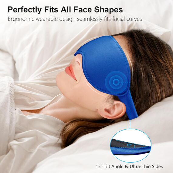 Gritin Schlafmaske für Seitenschläfer, 3D Augenhöhlen Schlafbrille mit Verstellbar Gummiband, Lichtblockierend und Atmungsaktiv, Bequem Augenmaske für Mann und Frau, 2 Paar Ohrstöpseln, Saphirblau