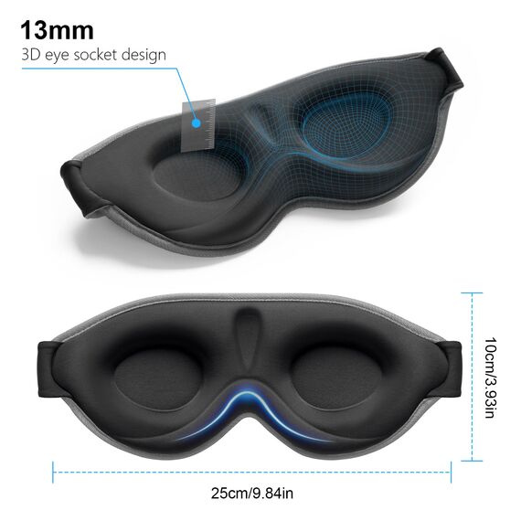 Gritin Schlafmaske für Seitenschläfer, 3D Augenhöhlen Schlafbrille mit Verstellbar Gummiband, Lichtblockierend und Atmungsaktiv, Bequem Augenmaske für Mann und Frau, 2 Paar Ohrstöpseln, Dunkelgrau