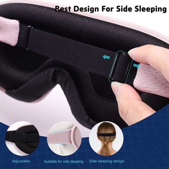 Aosun Schlafmaske für Frauen und Herren, 2024 Upgrade Speziell für Seitenschläfer Optimiertes und Verbessertes Gummiband, 3D Schlafbrille, 100% lichtblockierende Augenmaske mit Ohrstöpseln, Rosa