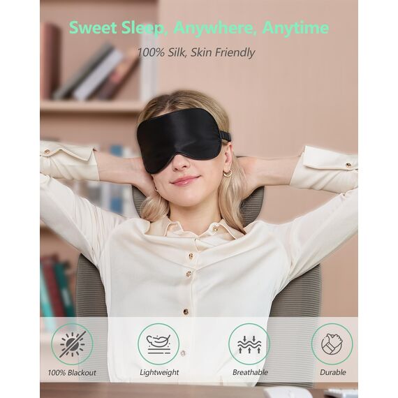 Seiden-Schlafmaske, 2er-Pack Augenmaske aus 100% echter natürlicher reiner Seide mit verstellbarem Riemen, Augenmaske zum Schlafen, BeeVines Augen-Schlafschutz für Yoga-Reisen, blockiert Licht
