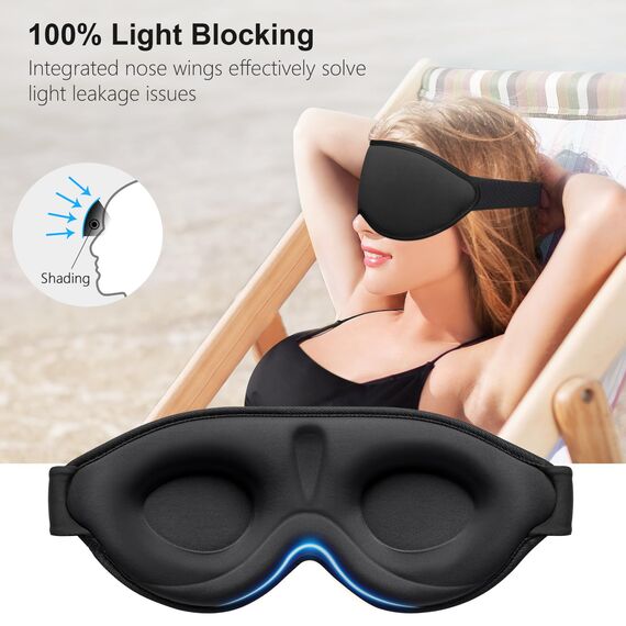 Gritin Schlafmaske für Seitenschläfer, 3D Augenhöhlen Schlafbrille mit Verstellbar Gummiband, Lichtblockierend und Atmungsaktiv, Bequem & Ergonomisch Augenmaske für Mann und Frau, 2 Paar Ohrstöpseln