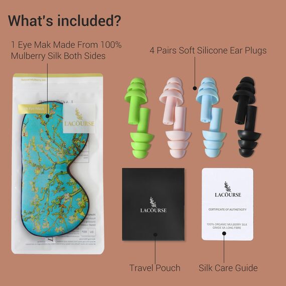 LaCourse 100% Maulbeerseide Schlafmaske mit 4Paaren Ohrstöpseln & Reisetasche. Beide Seiten Echte 19 Momme Seide, Verstellbare Augenmaske für Frauen, Grün-Blumig