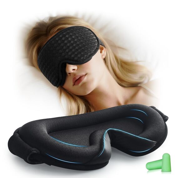 Aosun 3D Schlafmaske für Seitenschläfer, 2025 Upgrade Augenmaske für Frauen & Herren, 100% Lichtblockierend & Atmungsaktiv, Schlafbrille mit Verstellbarem Gummiband & Ohrstöpseln, Reisen, Büro, Yoga