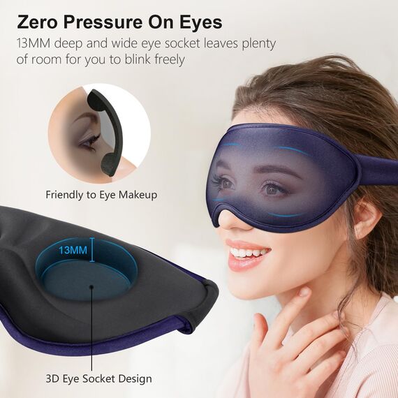 Gritin Schlafmaske für Seitenschläfer, 3D Augenhöhlen Schlafbrille mit Verstellbar Gummiband, Lichtblockierend und Atmungsaktiv, Bequem Augenmaske für Mann und Frau, 2 Paar Ohrstöpseln, Tibetisch Blau