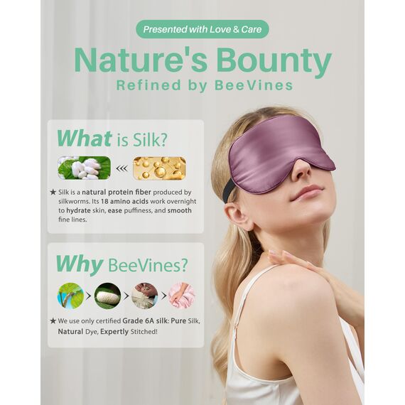 BeeVines Seiden Schlafmaske für Seitenschläfer, 2er-Pack 100% Reine Natürliche Maulbeerseide Augenmaske für Herren & Frauen, 100% Lichtblockierende Schlafmaske mit Verstellbares Gummiband für Reisen