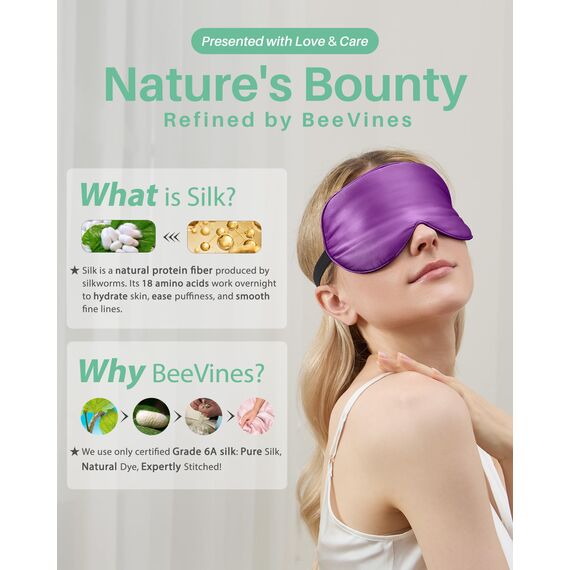 BeeVines Seiden Schlafmaske für Seitenschläfer, 2er-Pack 100% Reine Natürliche Maulbeerseide Augenmaske für Herren & Frauen, 100% Lichtblockierende Schlafmaske mit Verstellbares Gummiband für Reisen