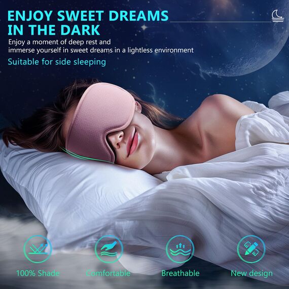 Aosun Schlafmaske für Frauen und Herren, 2024 Upgrade Speziell für Seitenschläfer Optimiertes und Verbessertes Gummiband, 3D Schlafbrille, 100% lichtblockierende Augenmaske mit Ohrstöpseln, Rosa