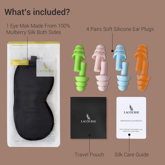 LaCourse 100% Schlafmaske Seide Bio zum Schlafen mit 4 Paaren Ohrstöpseln & Reisetasche. Beide Seiten aus 19 Momme Seide, Verstellbare Augenmaske Schlafmaske für Frauen & Herren, Schwarz