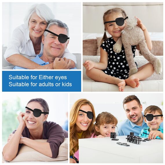 RIKEYO 2er-Pack Schwarze Medizinisch Augenklappen für Erwachsene und Kinder, 3D verstellbare Augenklappe für rechtes oder linkes Auge, Piratenkostüm augenklappe