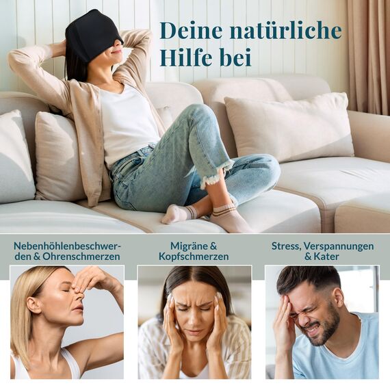 Hey Nature Migräne Maske, kühlende Schlafmaske - schnelle, natürliche Hilfe bei Migräne, Kopfschmerzen, Sinusitis, Ohrenschmerzen & geschwollenen Augen. Kalt & warm anwendbar. Kühlpads für den Kopf.
