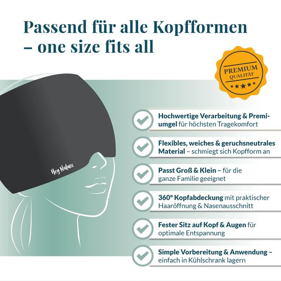 Hey Nature Migräne Maske, kühlende Schlafmaske - schnelle, natürliche Hilfe bei Migräne, Kopfschmerzen, Sinusitis, Ohrenschmerzen & geschwollenen Augen. Kalt & warm anwendbar. Kühlpads für den Kopf.