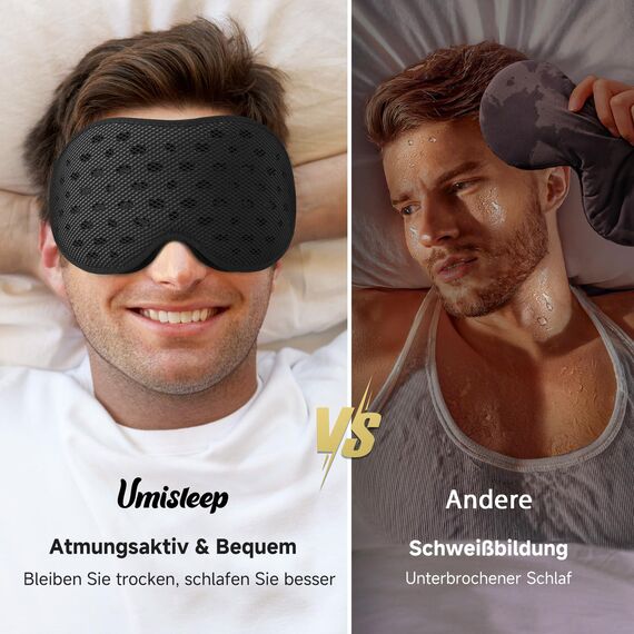 Umisleep 100 % lichtdichte atmungsaktive Schlafmaske für Herren & Frauen – 2025 Edition, 3D Schlafbrille, ultraleicht & bequem, mit Aufbewahrungstasche, für Reisen, Flugzeug, Nachtschicht, Schwarz